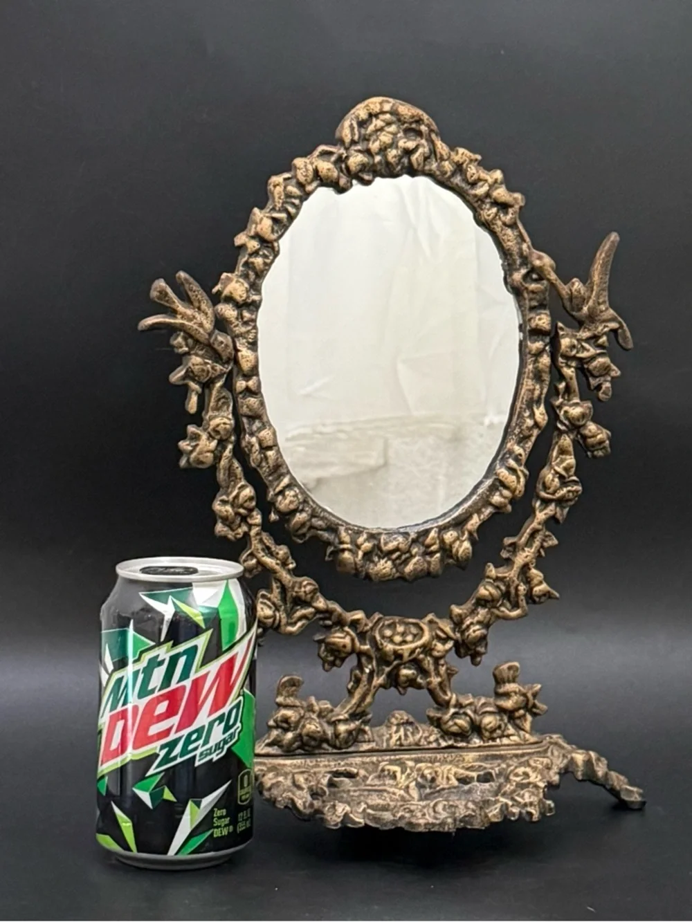 Victorian Style Antique Brass Finish Ornate Heavy Cast Iron Swivel Vanity Mirror